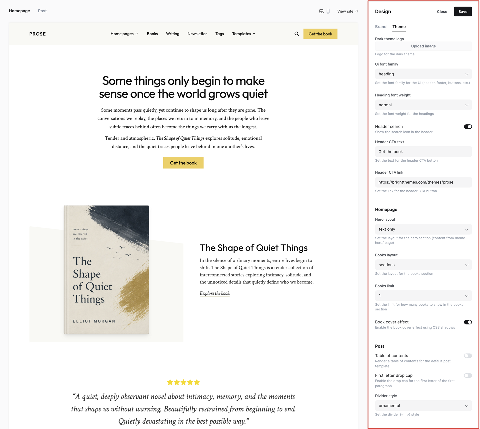 Prose — design settings