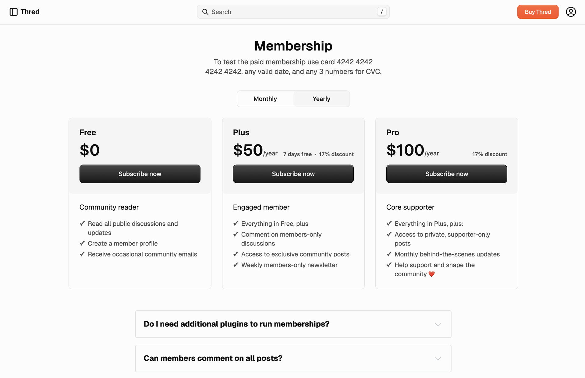 Thred — membership page